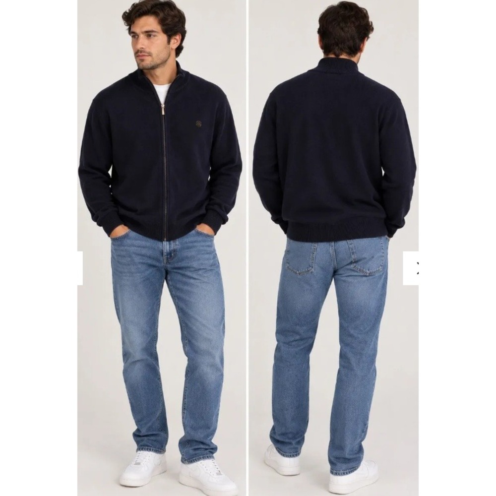 Brooks Brothers 346 Mens Navy Blue Extra Fine Merino Wool Full Zip Sweater XXL